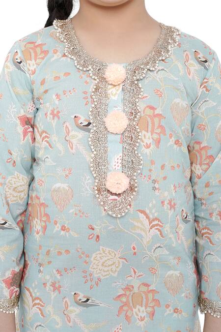 Shop_PS Kids By Payal Singhal_Blue Cotton, Net Pom-poms, Lace Printed Kurta Palazzo Set_Online_at_Aza_Fashions
