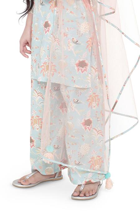 PS Kids By Payal Singhal_Blue Cotton, Net Pom-poms, Lace Printed Kurta Palazzo Set_at_Aza_Fashions