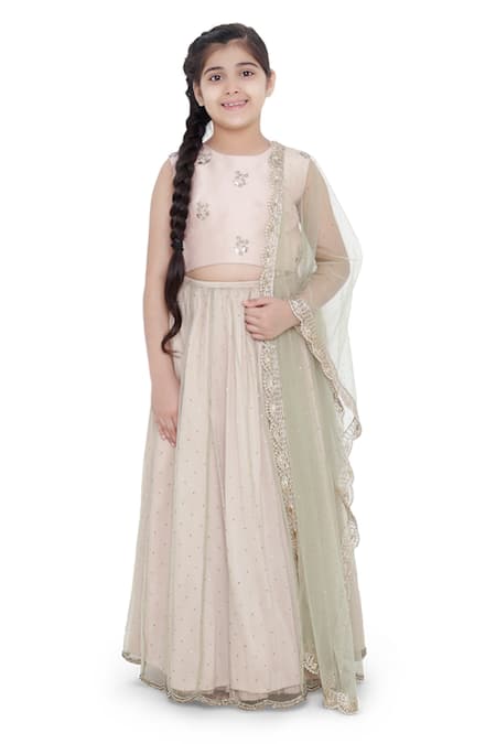 Buy White Chanderi Printed Nayab Pearl Embellished Blouse Lehenga Set For  Girls by Missprint Online at Aza Fashions.