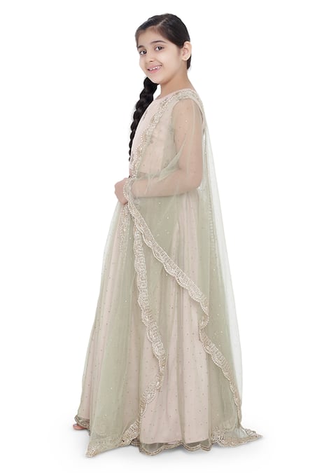 Buy_PS Kids By Payal Singhal_Pink Silk, Net Mirrors, Beads, Cut Work Lehenga Set_Online_at_Aza_Fashions