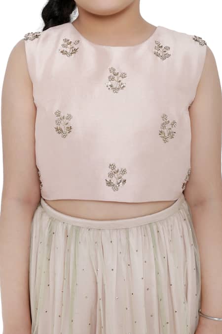 Shop_PS Kids By Payal Singhal_Pink Silk, Net Mirrors, Beads, Cut Work Lehenga Set_Online_at_Aza_Fashions