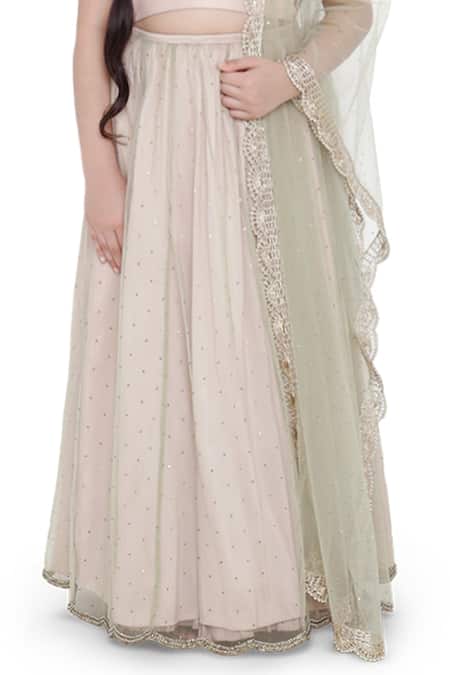 PS Kids By Payal Singhal_Pink Silk, Net Mirrors, Beads, Cut Work Lehenga Set_at_Aza_Fashions