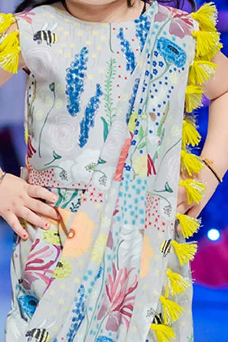 PS Kids By Payal Singhal_Grey Crepe Printed Dhoti Saree With Blouse _Online_at_Aza_Fashions