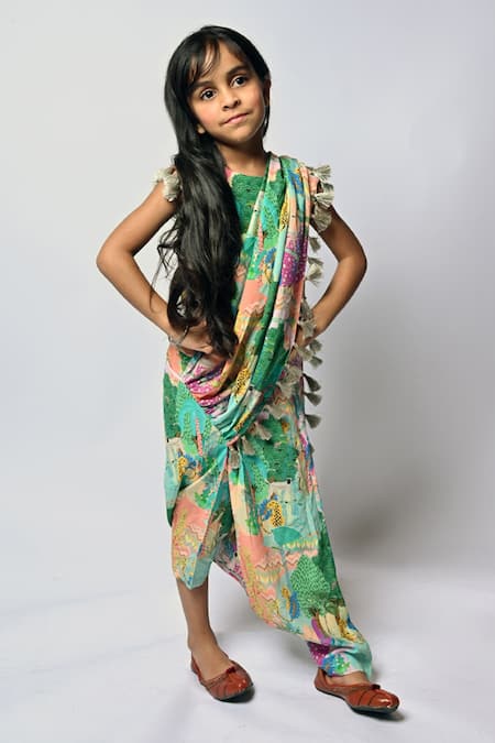 PS Kids by Payal Singhal Peach Crepe Kuno Dhoti Saree With Blouse 