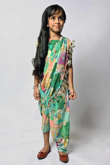 Shop_PS Kids By Payal Singhal_Peach Crepe Tassels Kuno Print Dhoti Saree With Blouse _at_Aza_Fashions