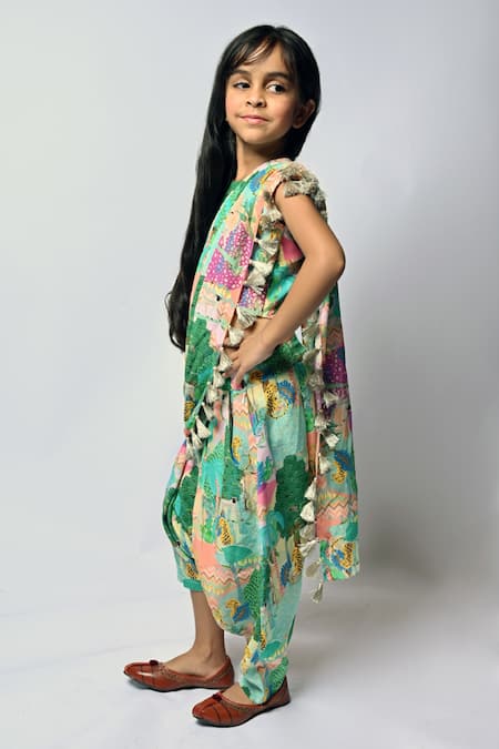Buy_PS Kids By Payal Singhal_Peach Crepe Tassels Kuno Print Dhoti Saree With Blouse _Online_at_Aza_Fashions