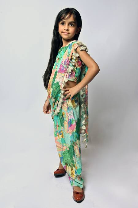 Shop_PS Kids By Payal Singhal_Peach Crepe Tassels Kuno Print Dhoti Saree With Blouse _Online_at_Aza_Fashions