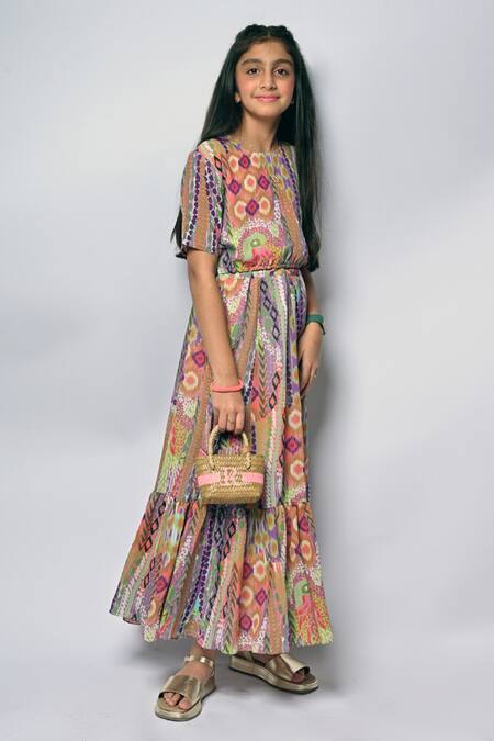 PS Kids By Payal Singhal_Multi Color Georgette Ruffles African Print Blouse And Flared Skirt _Online_at_Aza_Fashions