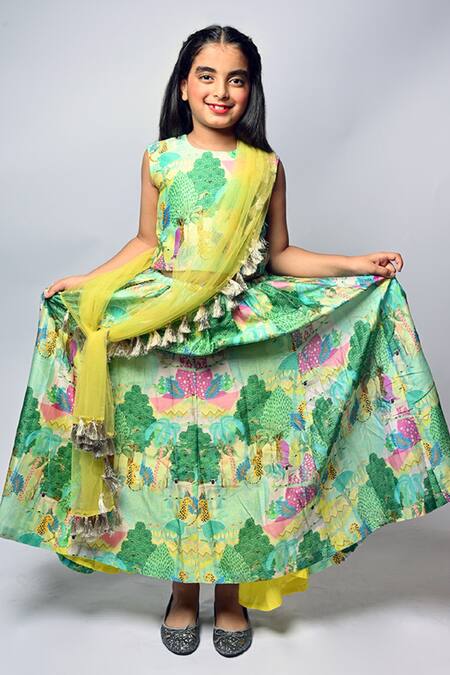 PS Kids By Payal Singhal_Yellow Silk, Muslin Embroidery, Tassels Kuno Print Lehenga Set_Online_at_Aza_Fashions