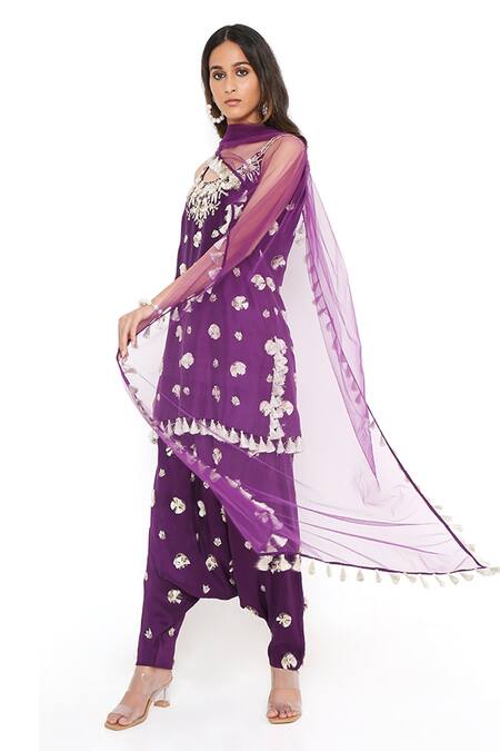 Buy_Payal Singhal_Purple Silk And Net Embroidery Thread Scoop Neck Kurta Set_Online_at_Aza_Fashions