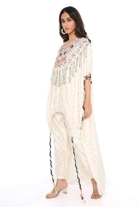 Buy Payal Singhal White Chanderi Embroidered Tassels U Neck Kurta And Jogger Pant Set Online at Aza Fashions Buy_Payal Singhal_White Chanderi Embroidered Tassels U Neck Kurta And Jogger Pant Set _Online_at_Aza_Fashions