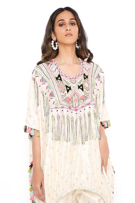 Shop Payal Singhal White Chanderi Embroidered Tassels U Neck Kurta And Jogger Pant Set Online at Aza Fashions Shop_Payal Singhal_White Chanderi Embroidered Tassels U Neck Kurta And Jogger Pant Set _Online_at_Aza_Fashions