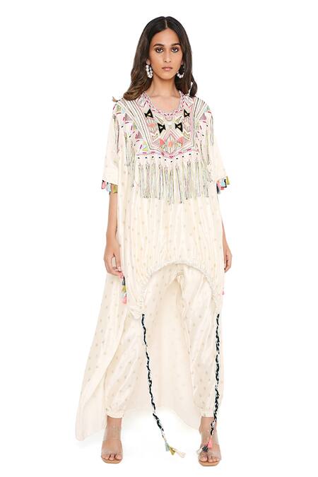 Payal Singhal White Chanderi Embroidered Tassels U Neck Kurta And Jogger Pant Set Online at Aza Fashions Payal Singhal_White Chanderi Embroidered Tassels U Neck Kurta And Jogger Pant Set _Online_at_Aza_Fashions