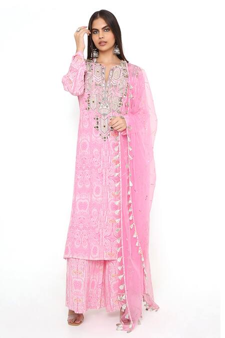 Payal Singhal Pink Crepe Printed Paisley Notched Kurta Palazzo Set