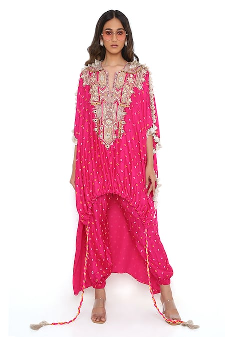 Buy_Payal Singhal_Pink Bandhani Silk Embroidered Flap Collar Kurta And Jogger Pant Set _Online_at_Aza_Fashions