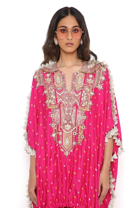 Shop_Payal Singhal_Pink Bandhani Silk Embroidered Flap Collar Kurta And Jogger Pant Set _Online_at_Aza_Fashions