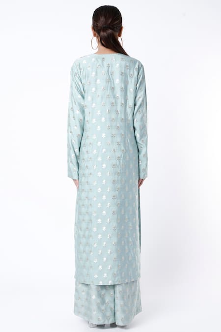 Shop Payal Singhal Blue Banarasi Silk Embroidered Floral Pattern Notched Kurta Palazzo Set at Aza Fashions Shop_Payal Singhal_Blue Banarasi Silk Embroidered Floral Pattern Notched Kurta Palazzo Set _at_Aza_Fashions