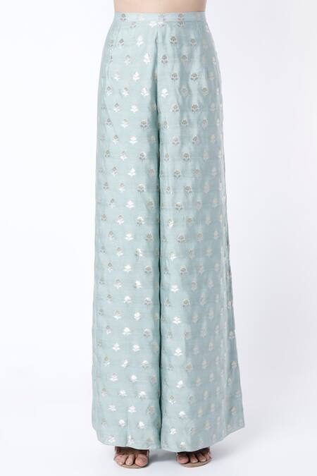 Buy Payal Singhal Blue Banarasi Silk Embroidered Floral Pattern Notched Kurta Palazzo Set Online at Aza Fashions Buy_Payal Singhal_Blue Banarasi Silk Embroidered Floral Pattern Notched Kurta Palazzo Set _Online_at_Aza_Fashions