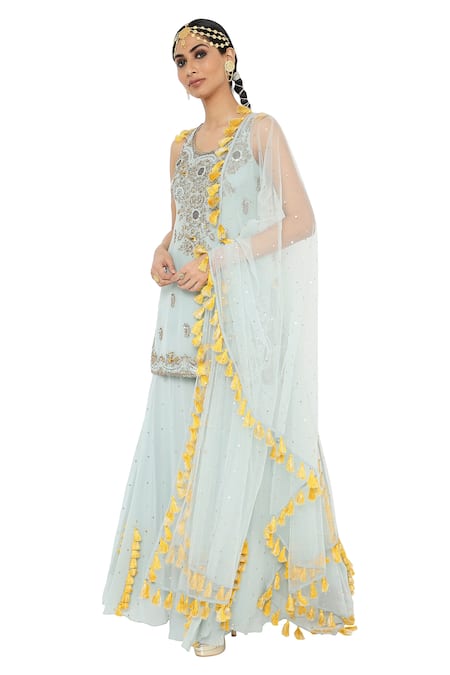 Shop_Payal Singhal_Blue Net, Georgette Mukaish Round Shazya Embroidered Kura Sharara Set _Online_at_Aza_Fashions