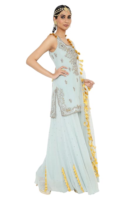 Payal Singhal_Blue Net, Georgette Mukaish Round Shazya Embroidered Kura Sharara Set _Online_at_Aza_Fashions