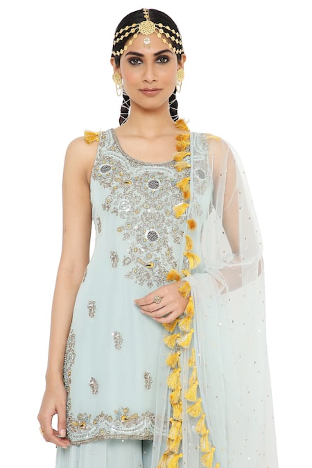 Payal Singhal_Blue Net, Georgette Mukaish Round Shazya Embroidered Kura Sharara Set _at_Aza_Fashions