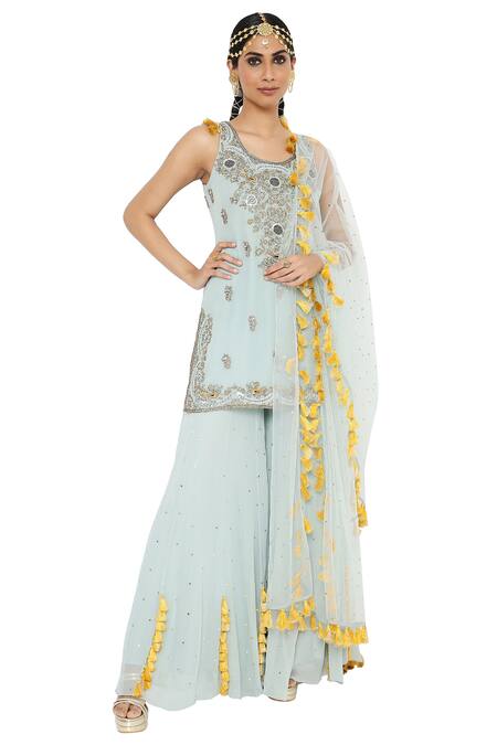 Buy_Payal Singhal_Blue Net, Georgette Mukaish Round Shazya Embroidered Kura Sharara Set _Online_at_Aza_Fashions