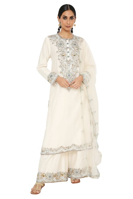 Payal Singhal - White Silkmul Embroidered Round Inaya Kurta Palazzo Set For  Women