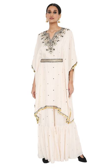 Buy_Payal Singhal_White Abutai Silk Notched Rima Embroidered Kaftan And Sharara Set _Online_at_Aza_Fashions