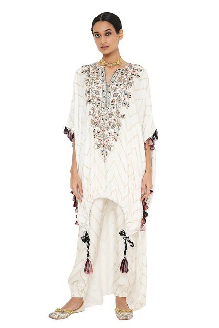Buy_Payal Singhal_White Banarasi Silk Embroidered Round Rubina Kaftan With Joggers Set_Online_at_Aza_Fashions