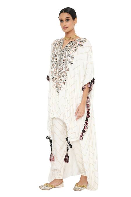 Payal Singhal_White Banarasi Silk Embroidered Round Rubina Kaftan With Joggers Set_Online_at_Aza_Fashions