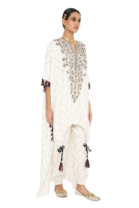 Shop_Payal Singhal_White Banarasi Silk Embroidered Round Rubina Kaftan With Joggers Set_Online_at_Aza_Fashions