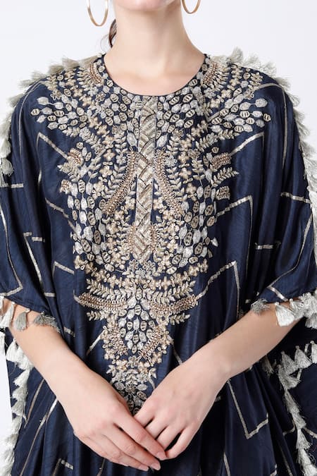 Payal Singhal_Blue Banarasi Silk Woven Chevron Pattern Round Kaftan And Jogger Pant Set _Online_at_Aza_Fashions