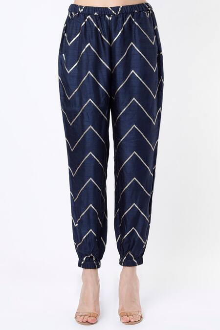 Buy_Payal Singhal_Blue Banarasi Silk Woven Chevron Pattern Round Kaftan And Jogger Pant Set _Online_at_Aza_Fashions