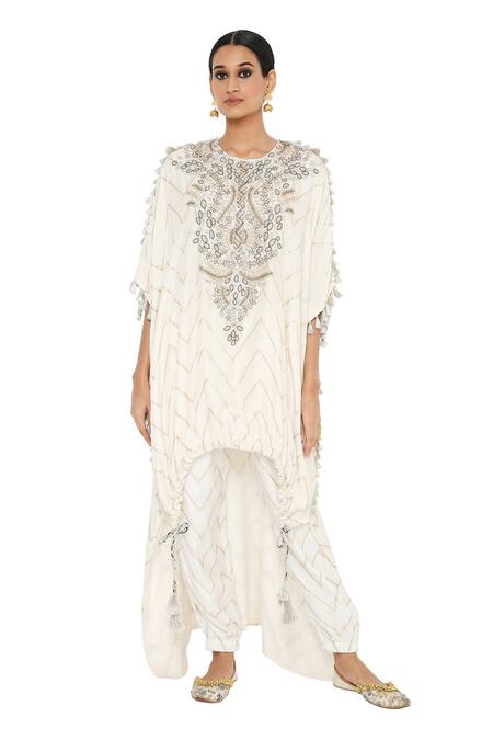 Buy Payal Singhal White Banarasi Silk Embroidered Round Aahna Kaftan With Joggers Set Online at Aza Fashions Buy_Payal Singhal_White Banarasi Silk Embroidered Round Aahna Kaftan With Joggers Set _Online_at_Aza_Fashions