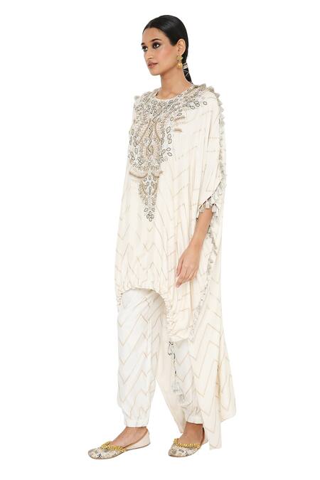 Shop Payal Singhal White Banarasi Silk Embroidered Round Aahna Kaftan With Joggers Set Online at Aza Fashions Shop_Payal Singhal_White Banarasi Silk Embroidered Round Aahna Kaftan With Joggers Set _Online_at_Aza_Fashions