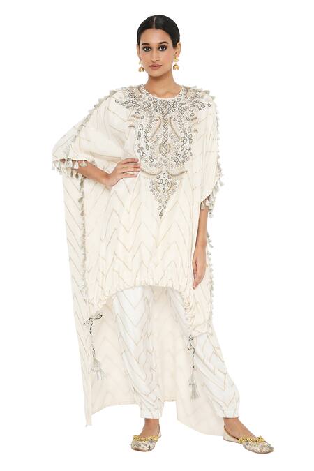 Payal Singhal White Banarasi Silk Embroidered Round Aahna Kaftan With Joggers Set Online at Aza Fashions Payal Singhal_White Banarasi Silk Embroidered Round Aahna Kaftan With Joggers Set _Online_at_Aza_Fashions