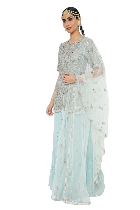 Buy_Payal Singhal_Blue Net, Georgette Mukaish Round Henna Embroidered Kurta Sharara Set _Online_at_Aza_Fashions