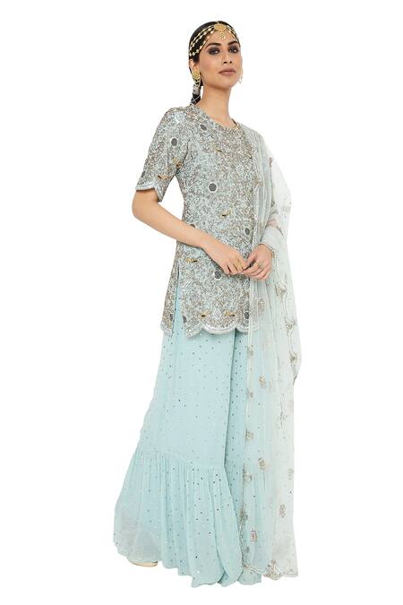 Shop_Payal Singhal_Blue Net, Georgette Mukaish Round Henna Embroidered Kurta Sharara Set _Online_at_Aza_Fashions