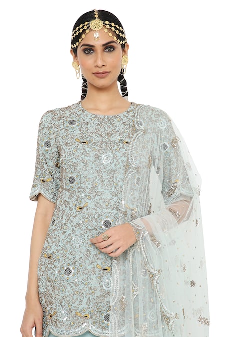 Payal Singhal_Blue Net, Georgette Mukaish Round Henna Embroidered Kurta Sharara Set _at_Aza_Fashions
