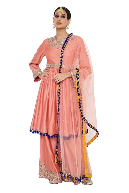 Payal Singhal Peach Silkmul Embroidered Mukaish Round Tahira Anarkali Palazzo Set 