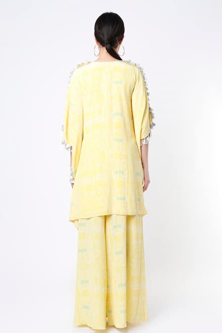 Shop Payal Singhal Yellow Crepe Printed Paisley Pattern Notched Short Kaftan And Palazzo Set at Aza Fashions Shop_Payal Singhal_Yellow Crepe Printed Paisley Pattern Notched Short Kaftan And Palazzo Set _at_Aza_Fashions
