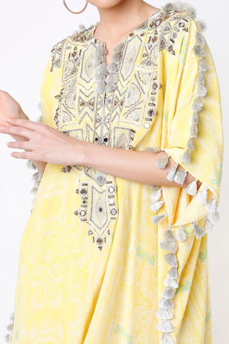 Payal Singhal Yellow Crepe Printed Paisley Pattern Notched Short Kaftan And Palazzo Set Online at Aza Fashions Payal Singhal_Yellow Crepe Printed Paisley Pattern Notched Short Kaftan And Palazzo Set _Online_at_Aza_Fashions
