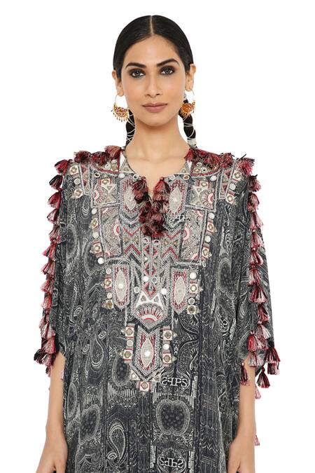 Shop_Payal Singhal_Black Crepe Printed Notched Salima Kaftan And Palazzo Set_Online_at_Aza_Fashions