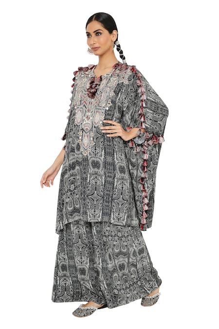Buy_Payal Singhal_Black Crepe Printed Notched Salima Kaftan And Palazzo Set_Online_at_Aza_Fashions