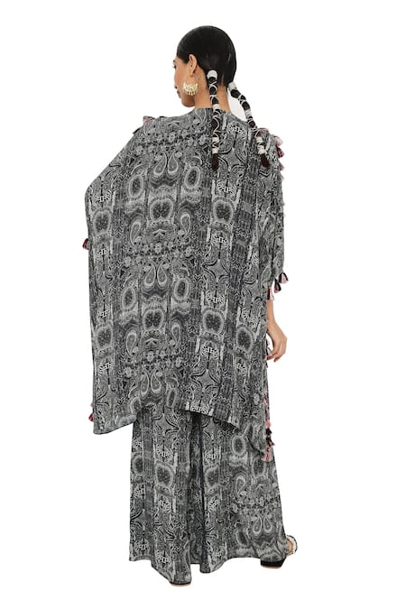 Shop_Payal Singhal_Black Crepe Printed Notched Salima Kaftan And Palazzo Set_at_Aza_Fashions