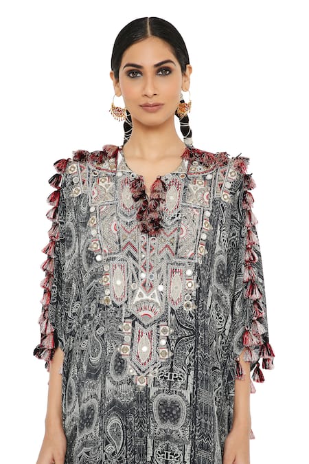 Payal Singhal_Black Crepe Printed Notched Salima Kaftan And Palazzo Set_at_Aza_Fashions