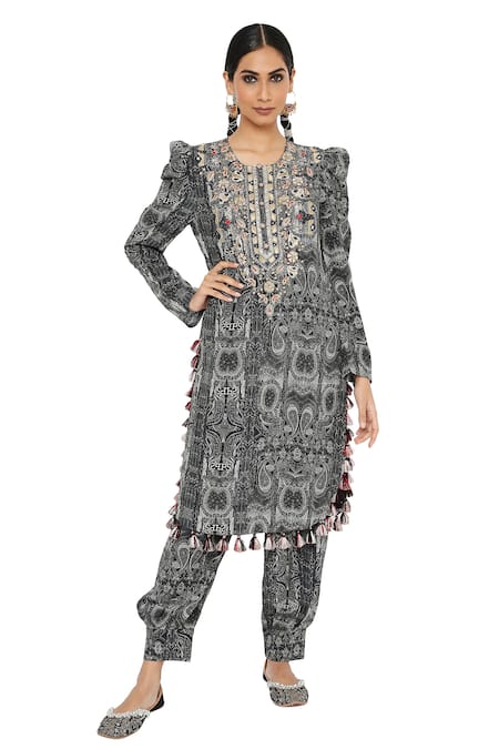 Buy_Payal Singhal_Black Crepe Printed Round Nura Tunic And Jogger Salwar _Online_at_Aza_Fashions