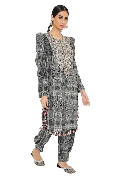 Payal Singhal_Black Crepe Printed Round Nura Tunic And Jogger Salwar _Online_at_Aza_Fashions
