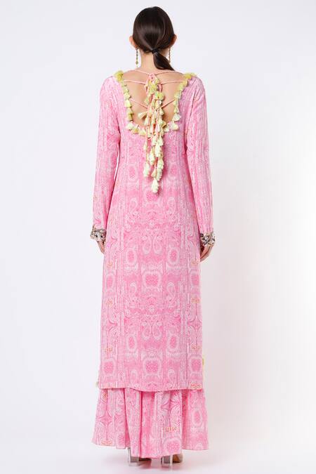 Shop Payal Singhal Pink Crepe Printed Notched Kurta And Sharara Set at Aza Fashions Shop_Payal Singhal_Pink Crepe Printed Notched Kurta And Sharara Set_at_Aza_Fashions
