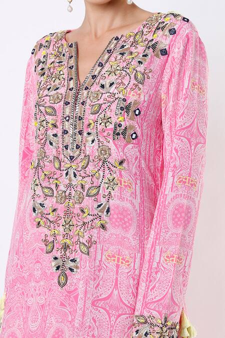 Payal Singhal Pink Crepe Printed Notched Kurta And Sharara Set Online at Aza Fashions Payal Singhal_Pink Crepe Printed Notched Kurta And Sharara Set_Online_at_Aza_Fashions